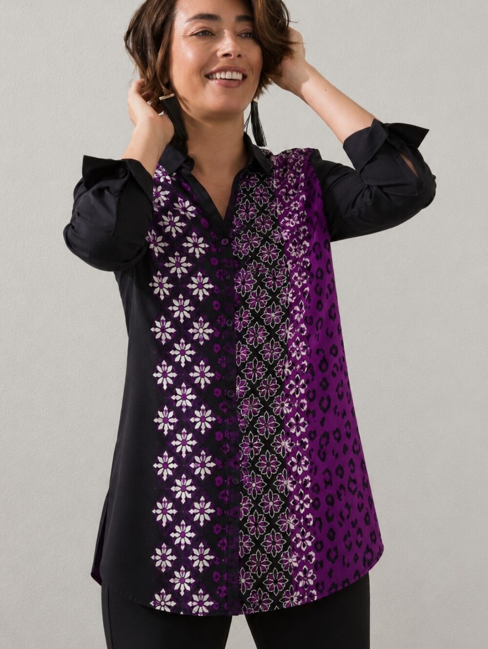 Chico's Size 3 US 16 Purple Mixed Print Button Front Blouse Animal Medallion